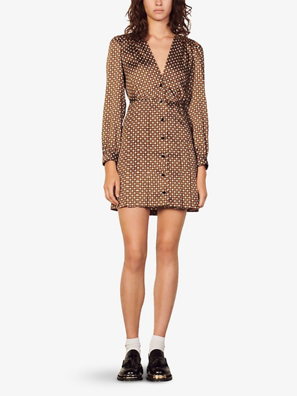Sandro | Bruns Perrine Printed Satin Button-Front Mini Dress ~ US 4 - Picture 2 of 12